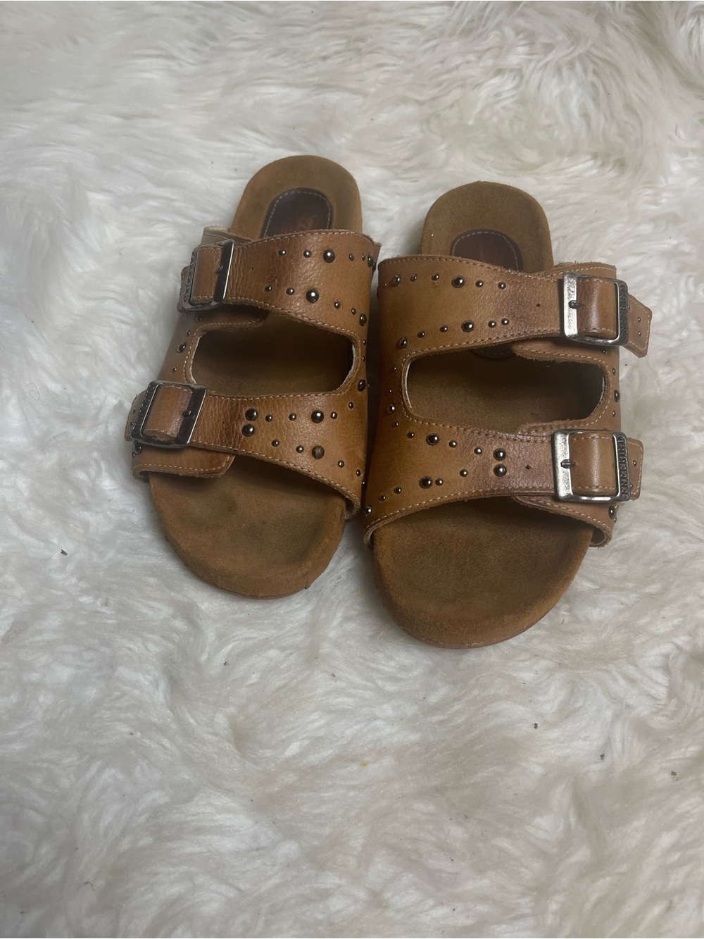Freebies Asher leather Tan studded Double buckle slide sandals SZ8